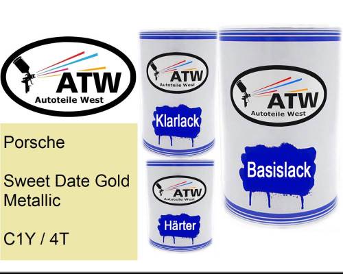 Porsche, Sweet Date Gold Metallic, C1Y / 4T: 500ml Lackdose + 500ml Klarlack + 250ml Härter - Set, von ATW Autoteile West.